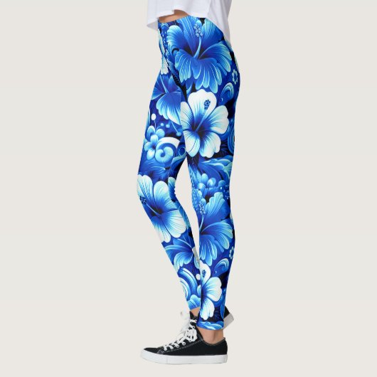 Tropisch-hawaiianische Blume Hibiskus Cobalt Blue Leggings (Links)