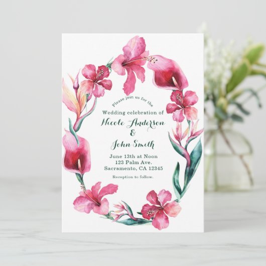Tropisch-hawaiianische Blume Hochzeitseinladungen Einladung (Stehend Vorderseite)