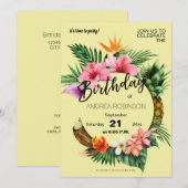 Tropisch-Hawaiianische Blumengeburtsparty gelb Einladung (Vorne/Hinten)
