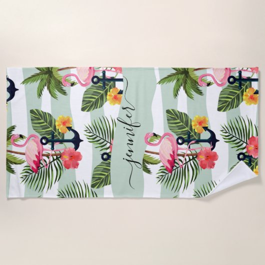 Tropisch Hawaiianische Flamingos Palm Tree Blätter Strandtuch (Vorderseite)