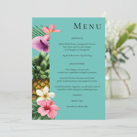 Tropisch-hawaiianisches Blumenmenü - Aquamarin bla Einladung (Stehend Vorderseite)