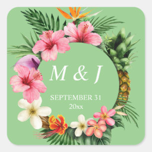 Tropisch-Hawaiianisches Blumenmonogramm - grün Quadratischer Aufkleber