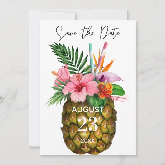 Tropisch-Hawaiianisches Blüten und Ananas Save the Date (Vorderseite)