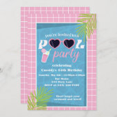 Tropisch hell rosa Retro Pool Party Geburtstag Einladung (Vorne/Hinten)