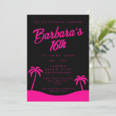 Tropisch Hot Pink Black Summer Beach Sweet 16 Einladung (Stehend Vorderseite)