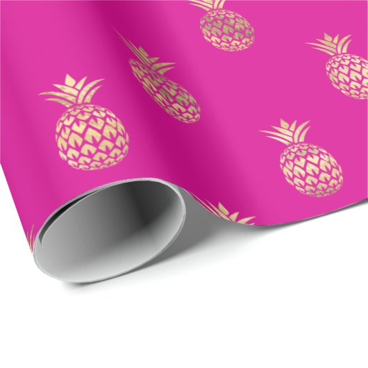 Tropisch Hot Pink Gold Ananas Muster  Geschenkpapier (Rolleneckpunkt)