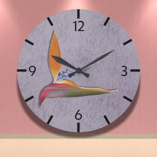 Tropisch Lila Paradiesvogel handGezeichnet Große Wanduhr
