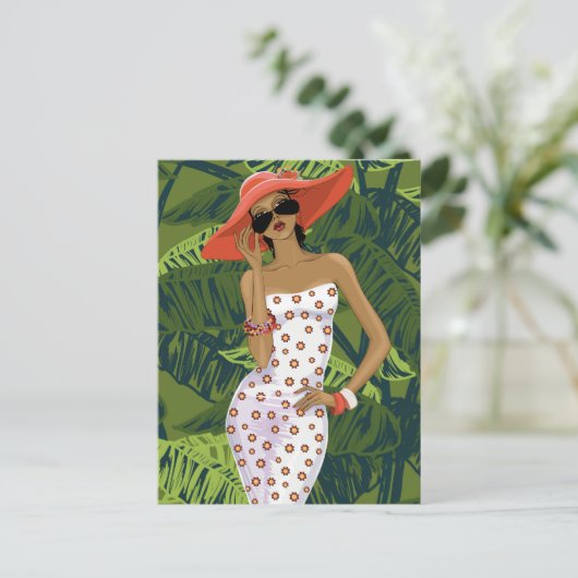 Tropisch modisches Mädchen in Big Red Hat Postkarte (Stehend Vorderseite)