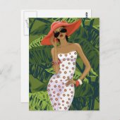 Tropisch modisches Mädchen in Big Red Hat Postkarte (Vorne/Hinten)