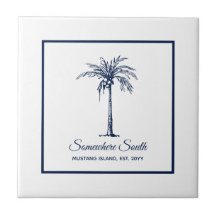 Tropisch Navy Blau Weiße Palme Custom Fliese