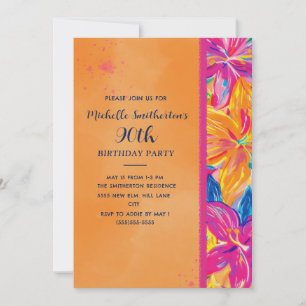 Tropisch Orange Pink Blumen 90. Geburtstag Einladung