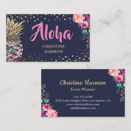 Tropisch Pink Gold Ananas Blauer Navy Blau Visitenkarte (Vorne/Hinten)