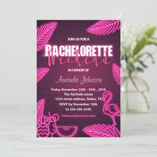 Tropisch Pink Neon Bachelorette Wochenende Einladu Einladung (Stehend Vorderseite)