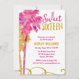 Tropisch Pink Palm Tree Imitats Gold Glitzer Sweet Einladung