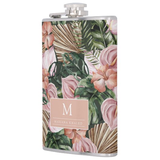 Tropisch Pink Peache Blume Blätter Dschungel Flachmann (Links)