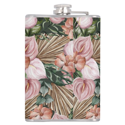 Tropisch Pink Peache Blume Blätter Dschungel Flachmann (Rückseite)