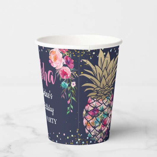 Tropisch rosa Ananas Blauer Geburtstag Pappbecher (Rechts)