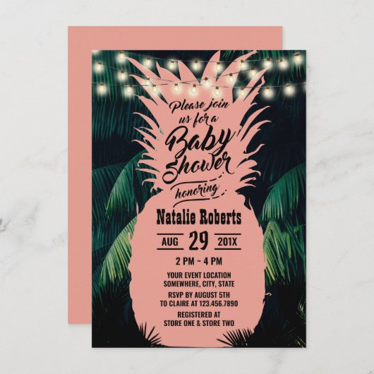 Tropisch rosa Ananas Palm Tree Baby Dusche Einladung (Vorne/Hinten)