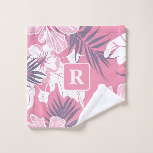 Tropisch rosa Blume Monogramm Fleecedecke Badhandtuch Set (Waschlappen)