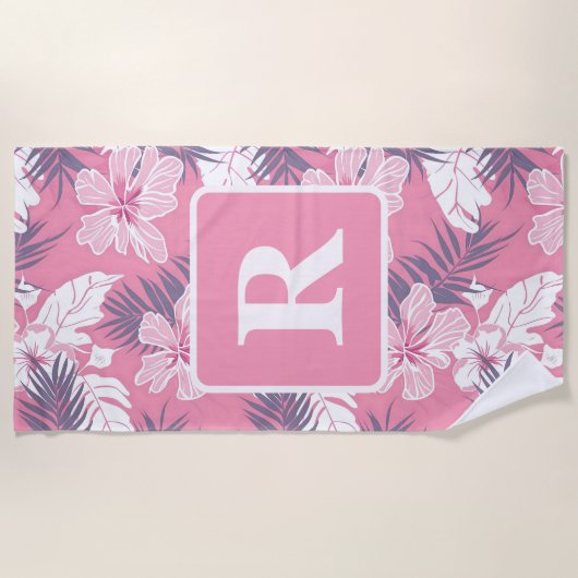 Tropisch rosa Blume Monogramm Fleecedecke Strandtuch (Vorderseite)