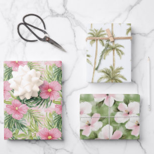 Tropisch rosa Blume Palmen Bäume Hochzeit Geschenkpapier Set