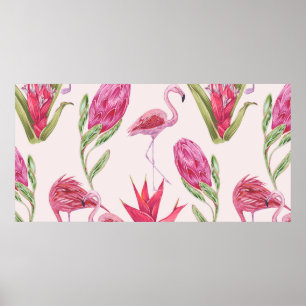 Tropisch rosa Blume, Protea, Paradiesvogel fl Poster