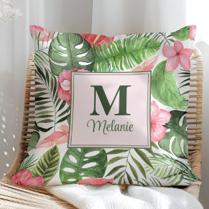 Tropisch rosa Blume und Monstera Monogram Kissen