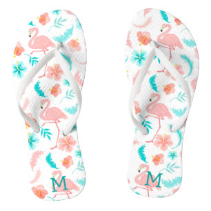 Tropisch rosa Flamingo Aquamarin Monogram Badesandalen