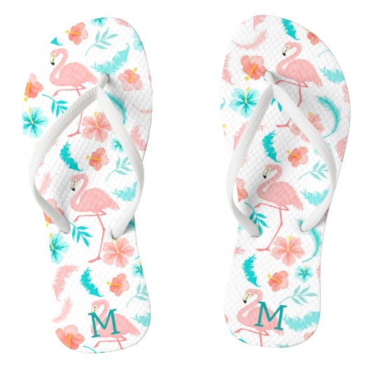 Tropisch rosa Flamingo Aquamarin Monogram Badesandalen (Fußbett)