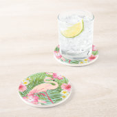 Tropisch rosa Flamingo Blumenpalme Blätter Sommer Getränkeuntersetzer (Seite)