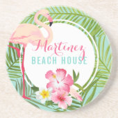 Tropisch rosa Flamingo Custom Monogram Beach House Getränkeuntersetzer (Vorne)