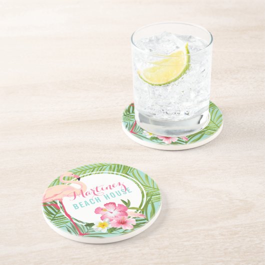 Tropisch rosa Flamingo Custom Monogram Beach House Getränkeuntersetzer (Seite)