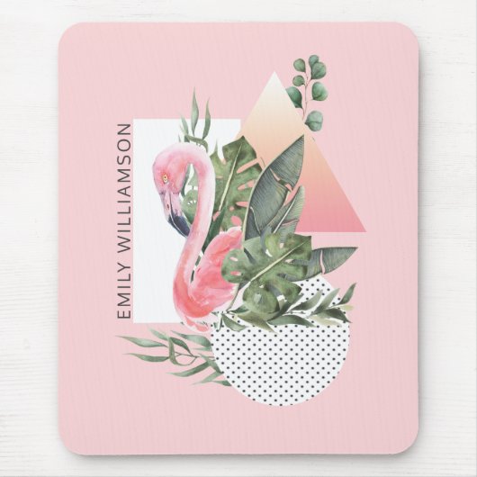 Tropisch rosa Flamingo Feminine Collage mit Namen Mousepad (Vorne)
