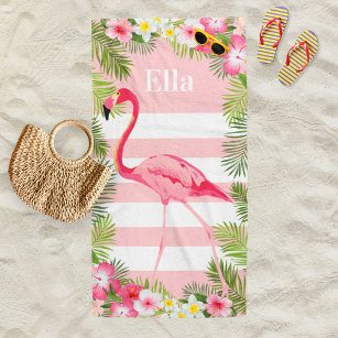 Tropisch rosa Flamingo Floral Custom Monogram Strandtuch