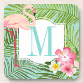 Tropisch rosa Flamingo Floral Monogram Initial Getränkeuntersetzer (Vorderseite)
