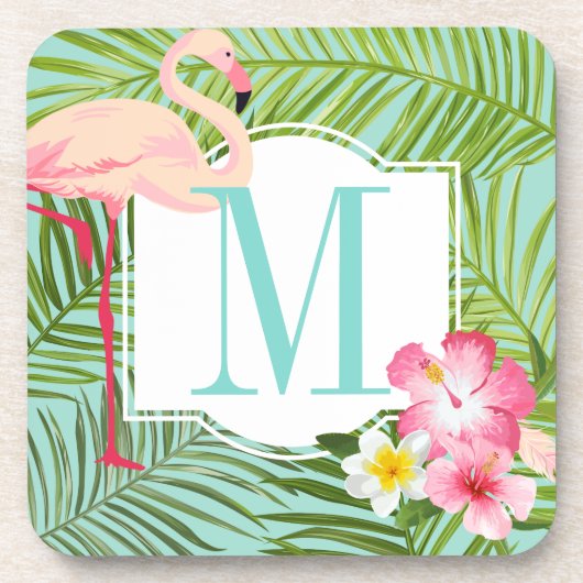 Tropisch rosa Flamingo Floral Monogram Initial Getränkeuntersetzer (Vorderseite)