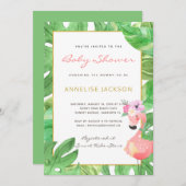 Tropisch rosa Flamingo-grüne Blätter Babydusche Einladung (Vorne/Hinten)