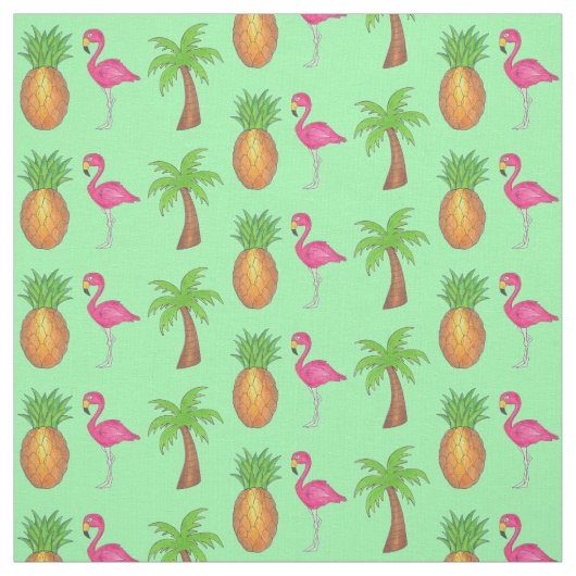 Tropisch rosa Flamingo Grüner Palmenbaum Ananas Stoff (Muster)