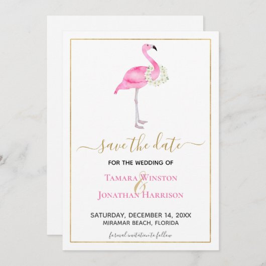 Tropisch rosa Flamingo Magnolias Beach Wedding Save The Date (Vorne/Hinten)
