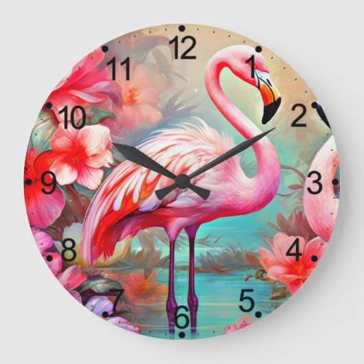 Tropisch rosa Flamingo mit Blume-87361 Große Wanduhr (Vorderseite)