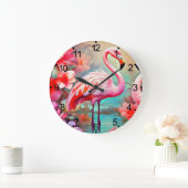 Tropisch rosa Flamingo mit Blume-87361 Große Wanduhr (Zuhause)