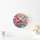Tropisch rosa Flamingo mit Blume-87361 Runde Wanduhr (Zuhause)