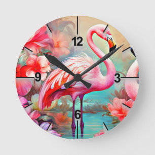 Tropisch rosa Flamingo mit Blume-87361 Runde Wanduhr