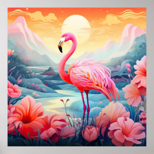 Tropisch rosa Flamingo mit Blume Poster