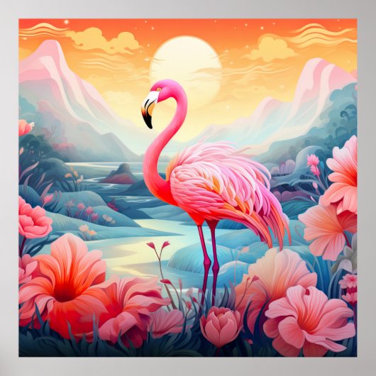 Tropisch rosa Flamingo mit Blume Poster (Vorne)
