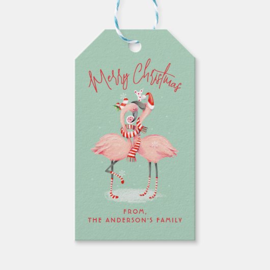 Tropisch rosa Flamingo mit Weihnachtsmannmützen We Geschenkanhänger (Vorderseite)