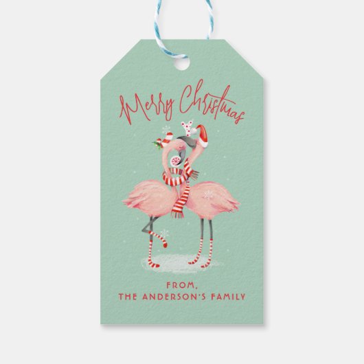 Tropisch rosa Flamingo mit Weihnachtsmannmützen We Geschenkanhänger (Rückseite)