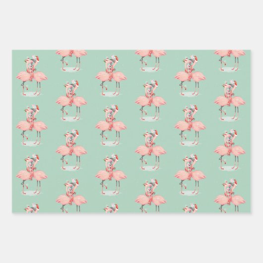 Tropisch rosa Flamingo mit Weihnachtsmannmützen We Geschenkpapier Set (Vorderseite 3)