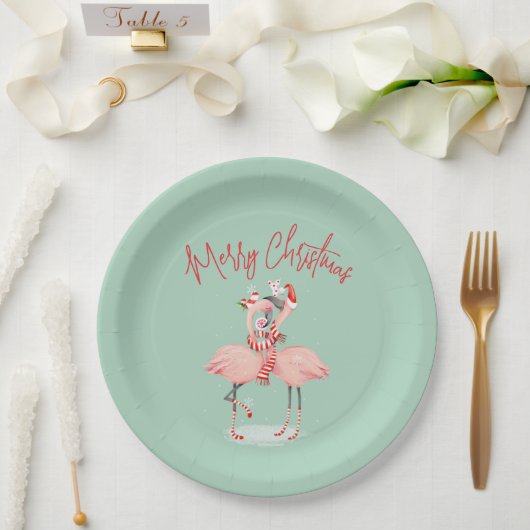 Tropisch rosa Flamingo mit Weihnachtsmannmützen We Pappteller (Hochzeit)