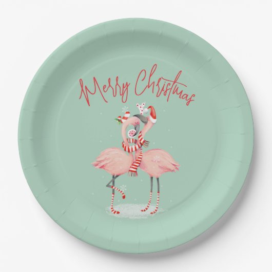Tropisch rosa Flamingo mit Weihnachtsmannmützen We Pappteller (Vorderseite)